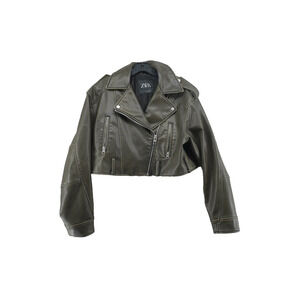Zara Faux Leather Cropped Moto Jacket Olive Zip Pockets Women’s Size M